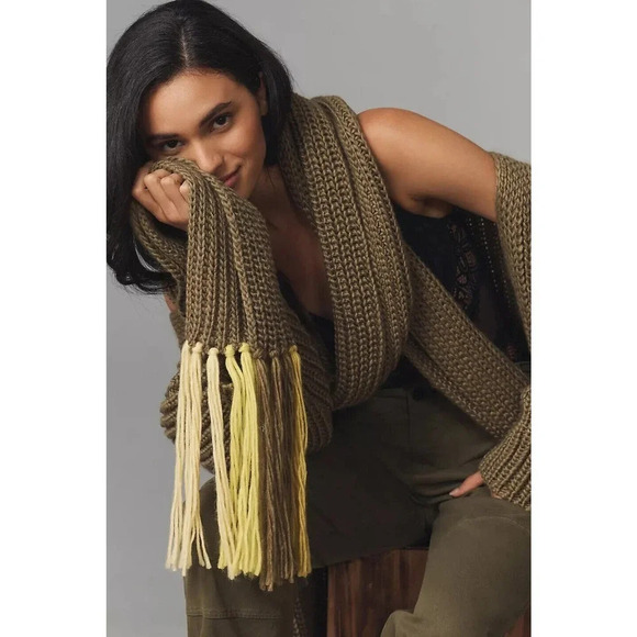 NWT By Anthropologie Colorful Fringe Scarf Olive 130'' L - Picture 3 of 8